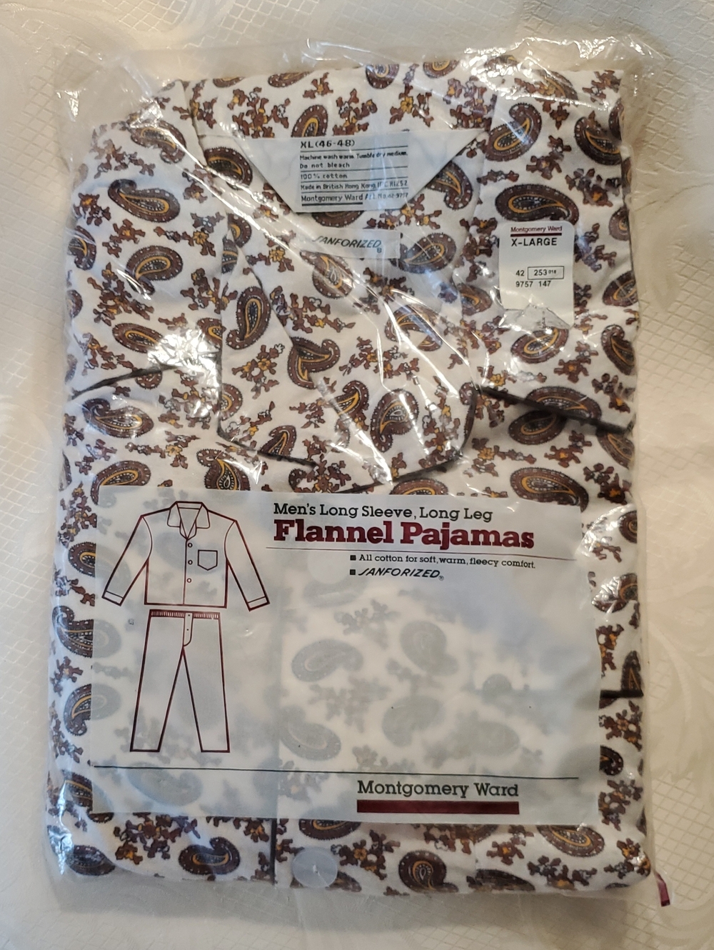 Mens Vintage Flannel 2-piece Pajama Set Montgomery Wards Paisley, No Iron